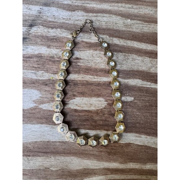 J Crew Gold Hexagonal Statement Necklace With Crystal Accents Lobster Clasp - Picture 1 of 6